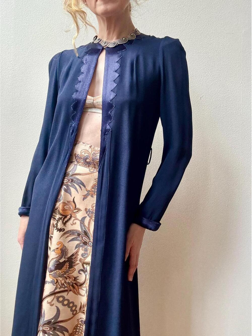 Vintage 1940s Lightweight Navy Satin Trimmed Duster Cardigan